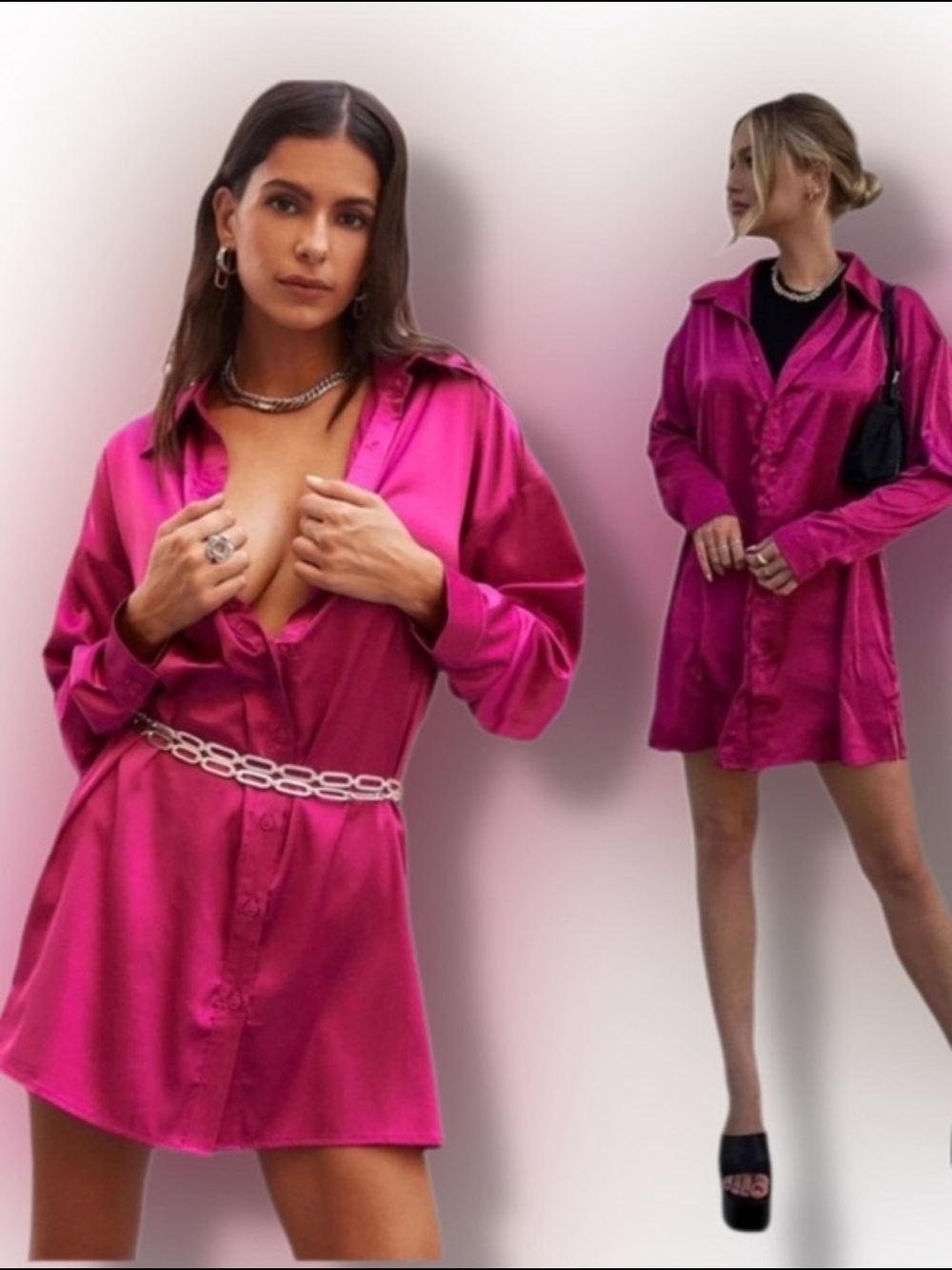 12th Tribe Satin Shirt Dress - Hot Pink